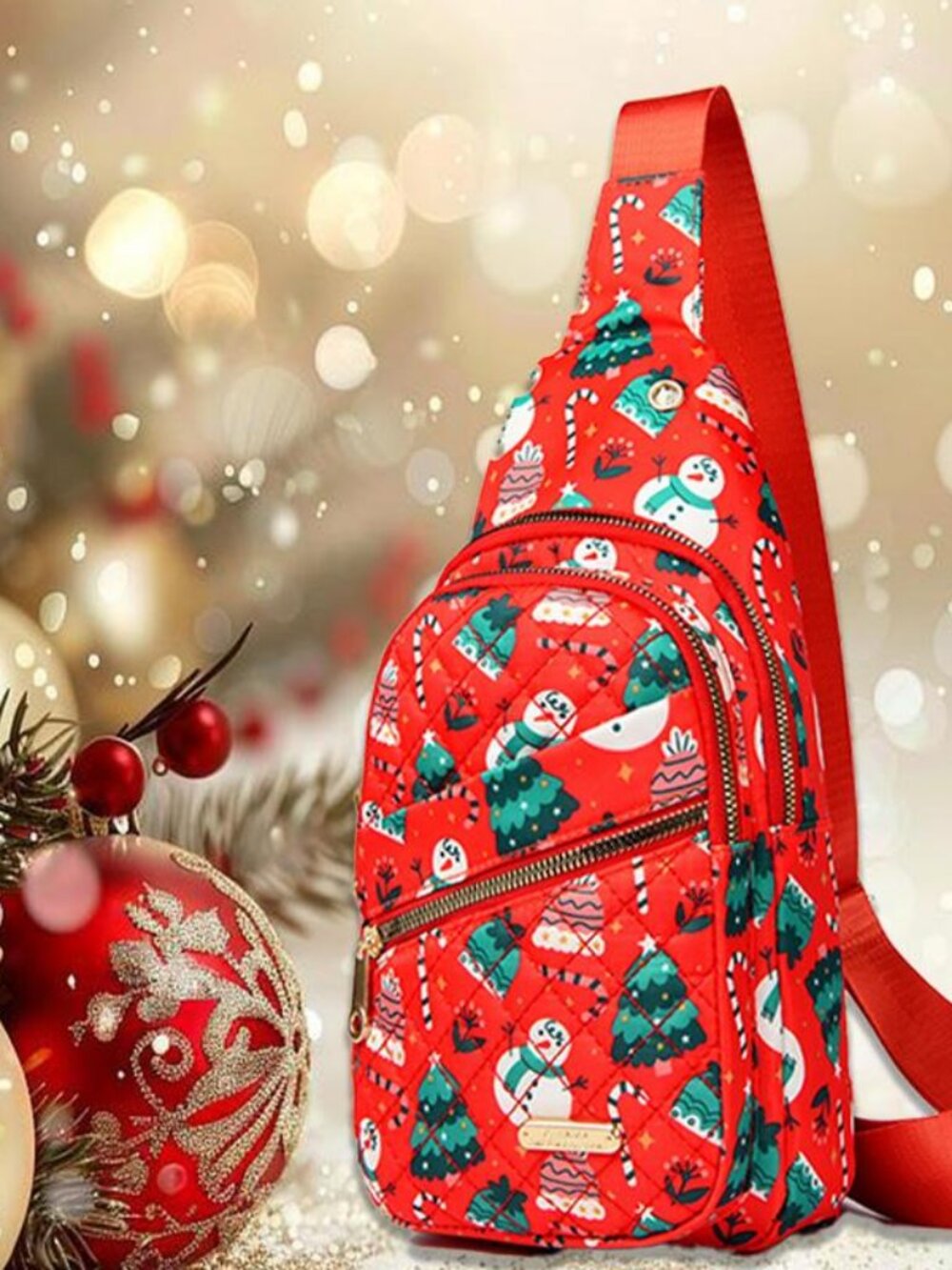 Christmas‑Themed Printed Quilted Sling Bag, Women Casual Crossbody Chest Bag, Li